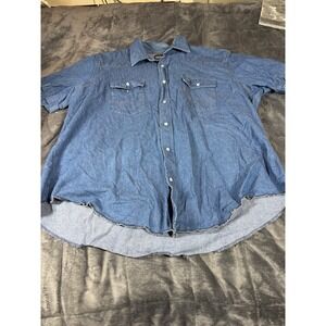 Wrangler Mens 2X Big Grande Fort Short Sleeve‎ Denim Western Shirt Blue Cotton